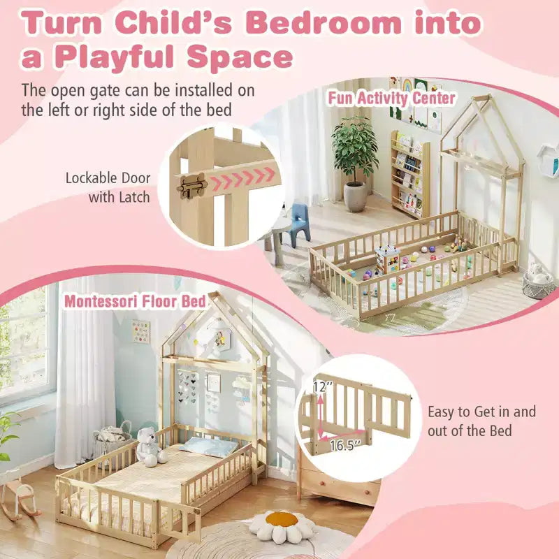 Letto a castello singolo a forma di casetta con cancello e appendiabiti, beige/grigio/rosa/bianco, per 1 bambino