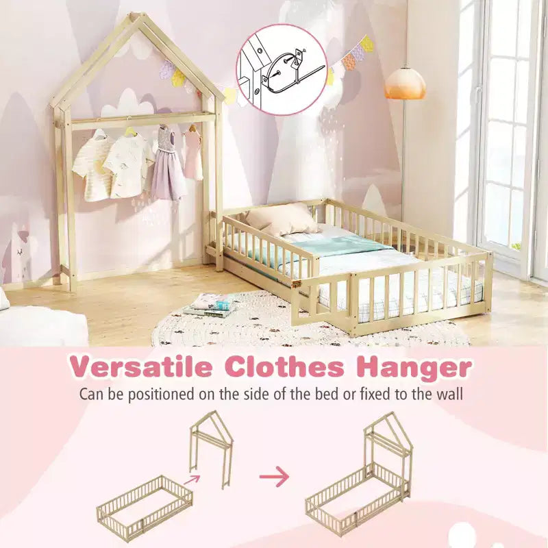 Letto a castello singolo a forma di casetta con cancello e appendiabiti, beige/grigio/rosa/bianco, per 1 bambino