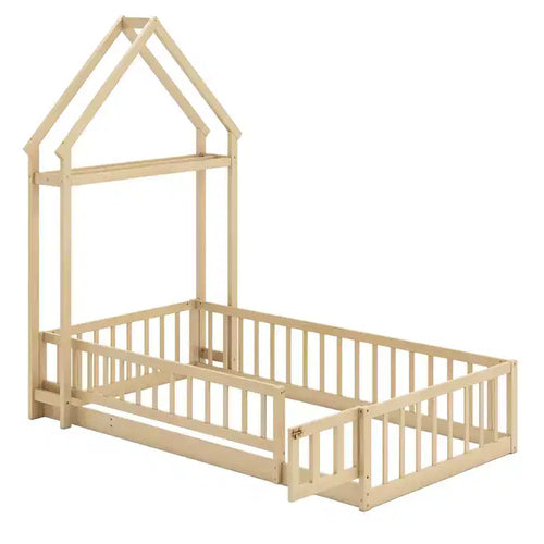 Costway Twin Size House Floor Bed with House-shaped Headboard Clothes Hanger without Slats Gray/Beige/Pink/White