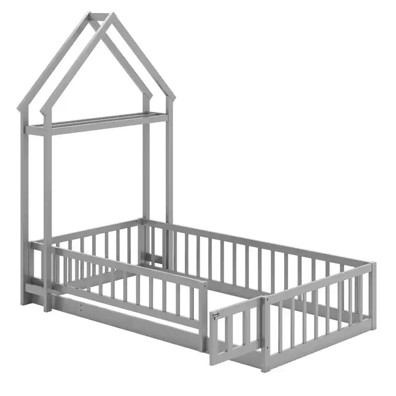 Letto a castello singolo a forma di casetta con cancello e appendiabiti, beige/grigio/rosa/bianco, per 1 bambino