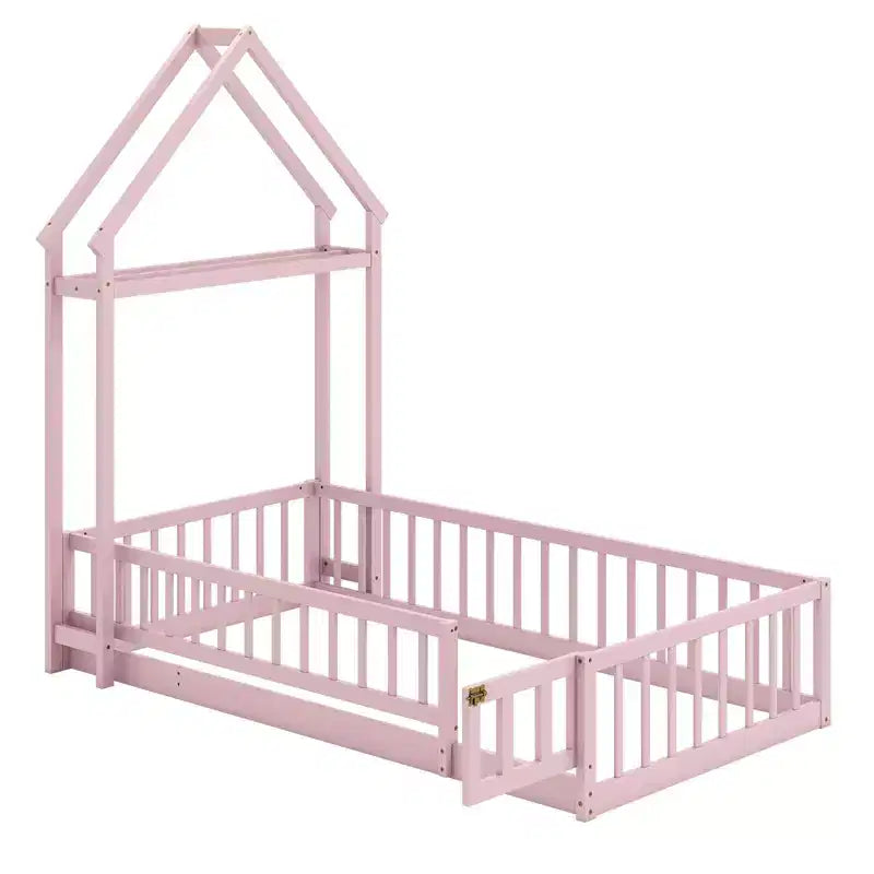 Letto a castello singolo a forma di casetta con cancello e appendiabiti, beige/grigio/rosa/bianco, per 1 bambino