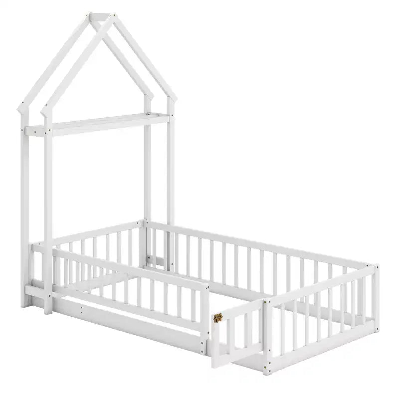Letto a castello singolo a forma di casetta con cancello e appendiabiti, beige/grigio/rosa/bianco, per 1 bambino