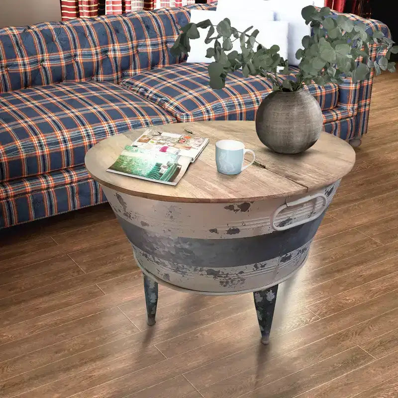 Royal Hampton 26 inch Accent Round Cocktail Table, Tub Like Iron Base, Brown, Gray, Washed White