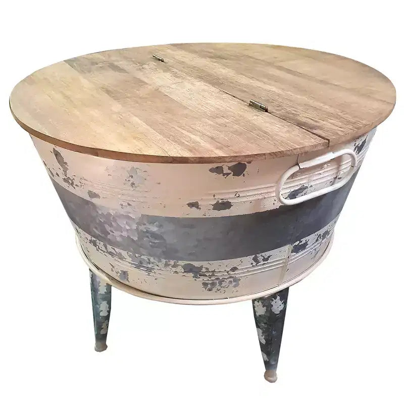 Tavolino da cocktail rotondo con ripiano sollevabile bianco e marrone, base in ferro, posti a sedere 2-4