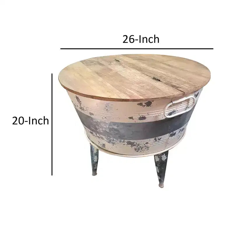 Tavolino da cocktail rotondo con ripiano sollevabile bianco e marrone, base in ferro, posti a sedere 2-4