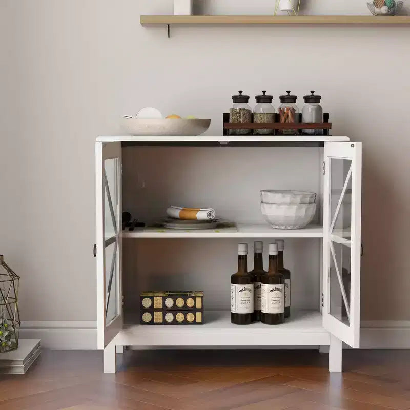Mobile Contenitore da Cucina Rustico Bianco, Ante in Vetro, 2 Ante 1 Ripiano