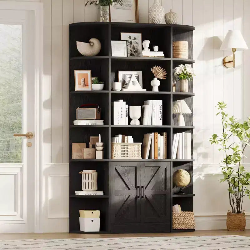 Libreria a 6 ripiani in nero/grigio/bianco con anta scorrevole – Assemblaggio per 1 persona