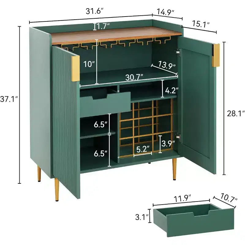 Credenza portavino da terra con ante a scanalatura nere e verdi e portabicchieri