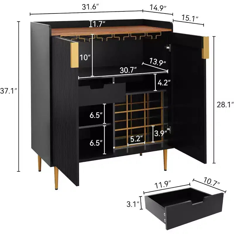 Credenza portavino da terra con ante a scanalatura nere e verdi e portabicchieri