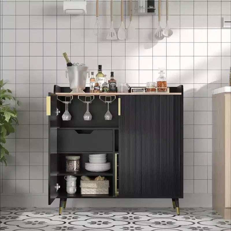 Modern Wine Cabinet with Wine Rack, Glass Holders & Storage, Coffee Bar & Liquor Cabinet, Sideboard Buffet with Decorative Fluted Doors for Home