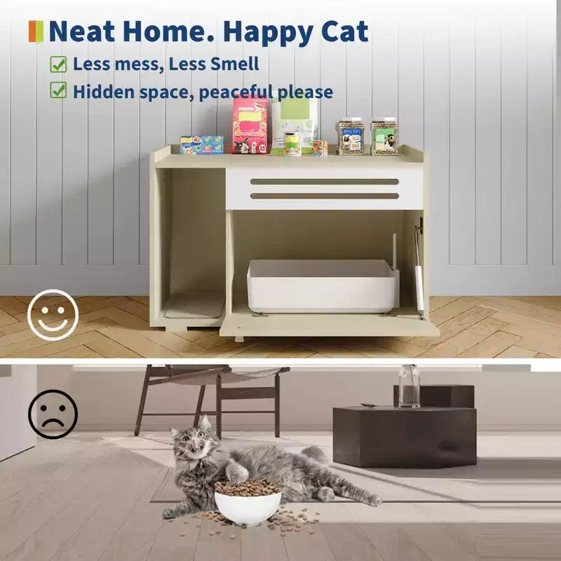 Mobile per lettiera a 3 ante apribili, colore nero/legno, per 1 gatto