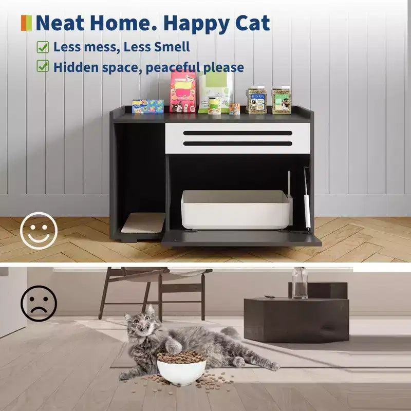 Mobile per lettiera a 3 ante apribili, colore nero/legno, per 1 gatto
