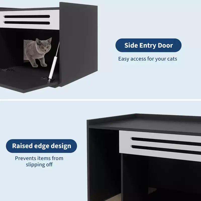 Mobile per lettiera a 3 ante apribili, colore nero/legno, per 1 gatto