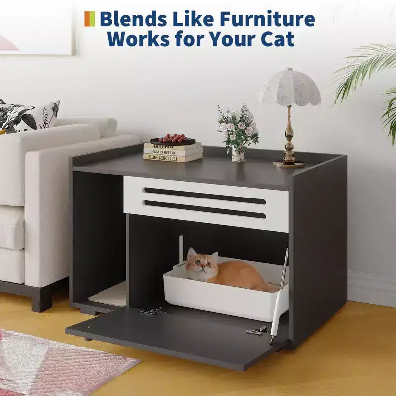 Mobile per lettiera a 3 ante apribili, colore nero/legno, per 1 gatto