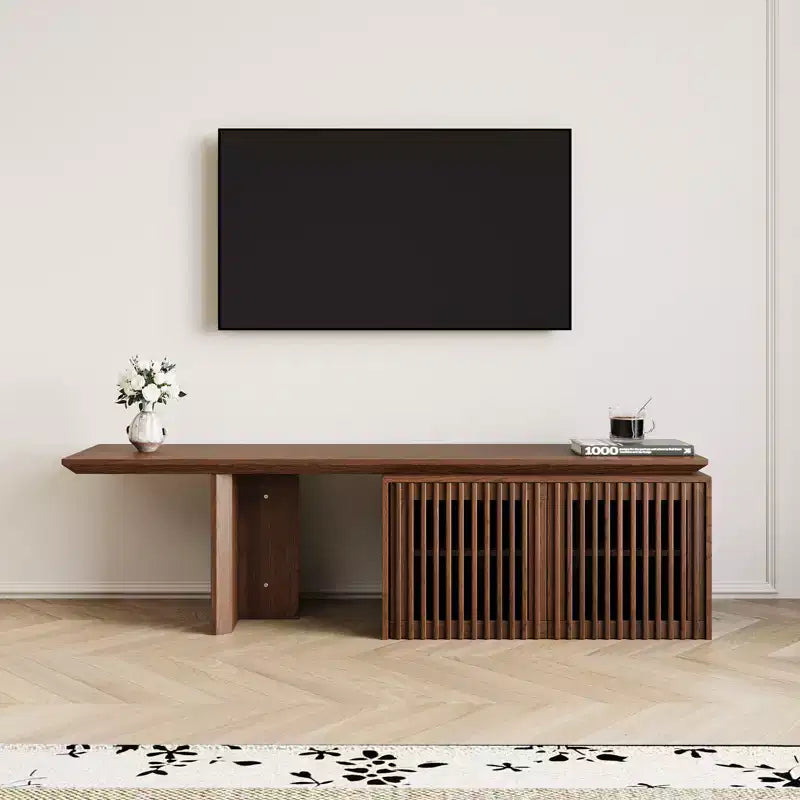 Mobile TV Espandibile in Noce, Finitura Naturale, Pezzo Unico, Adatto per TV fino a 55"