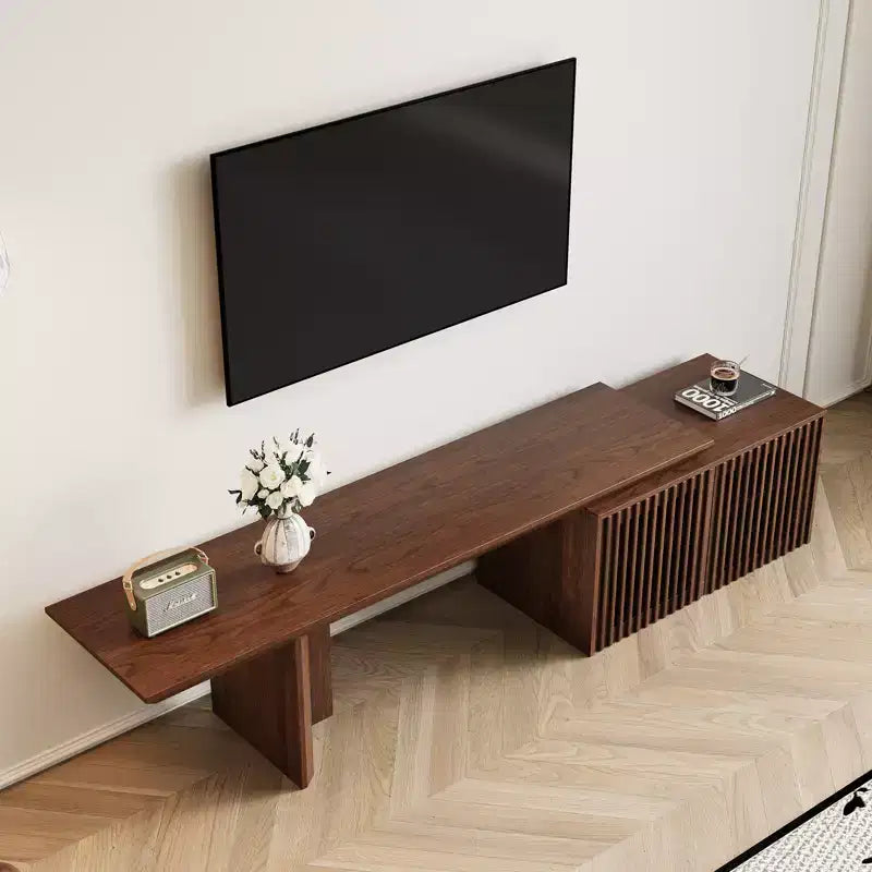 Mobile TV Espandibile in Noce, Finitura Naturale, Pezzo Unico, Adatto per TV fino a 55"