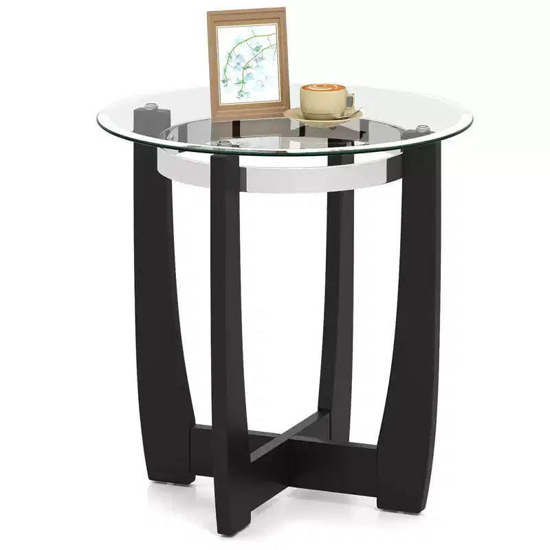 Tavolino Rotondo in Vetro Trasparente e Nero/Noce, 1/2 pz