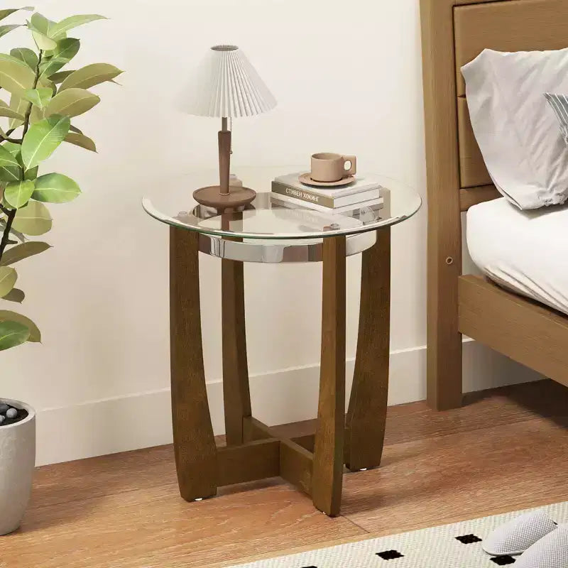 Tavolino Rotondo in Vetro Trasparente e Nero/Noce, 1/2 pz