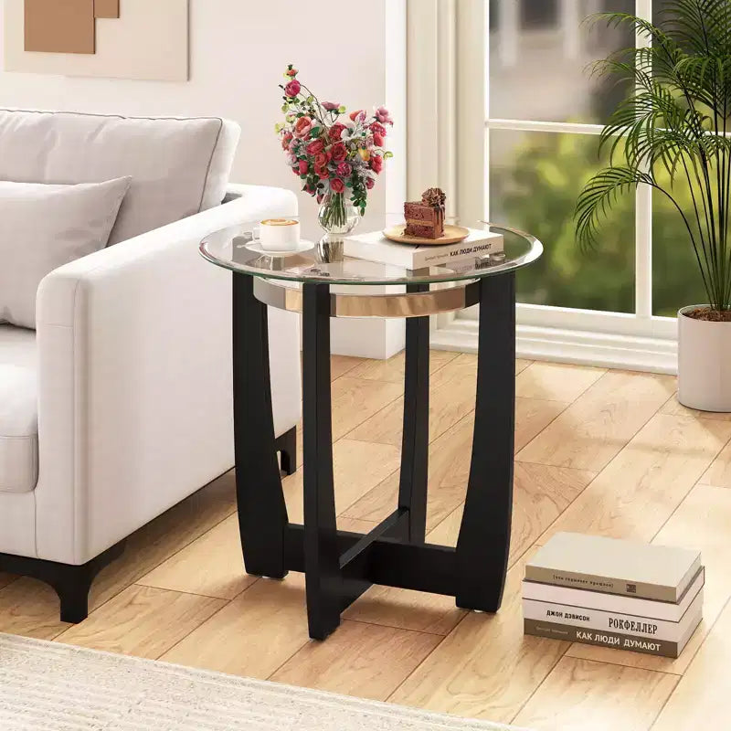 Tavolino Rotondo in Vetro Trasparente e Nero/Noce, 1/2 pz