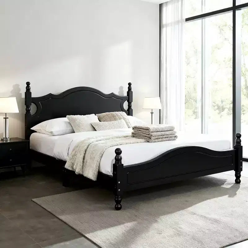 Homy Casa Solid Wood Bed Frame with Turned Posts and Curved Headboard, for Bedroom or Guest Room, Black