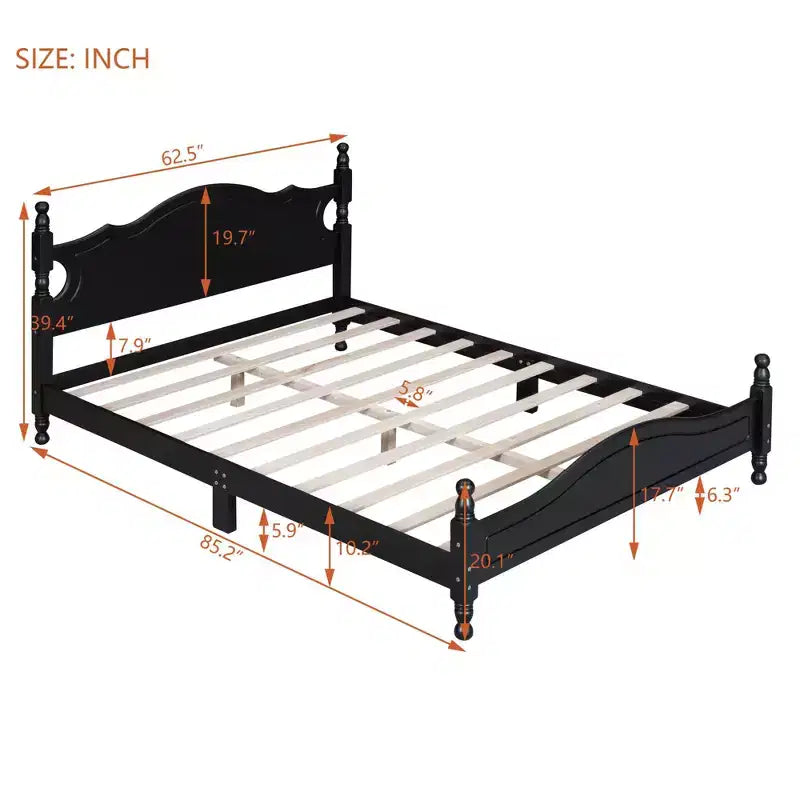Struttura Letto in Legno Massello Nero – Testiera Curva e Colonne Tornite, Matrimoniale Francese/Matrimoniale, 1 Persona