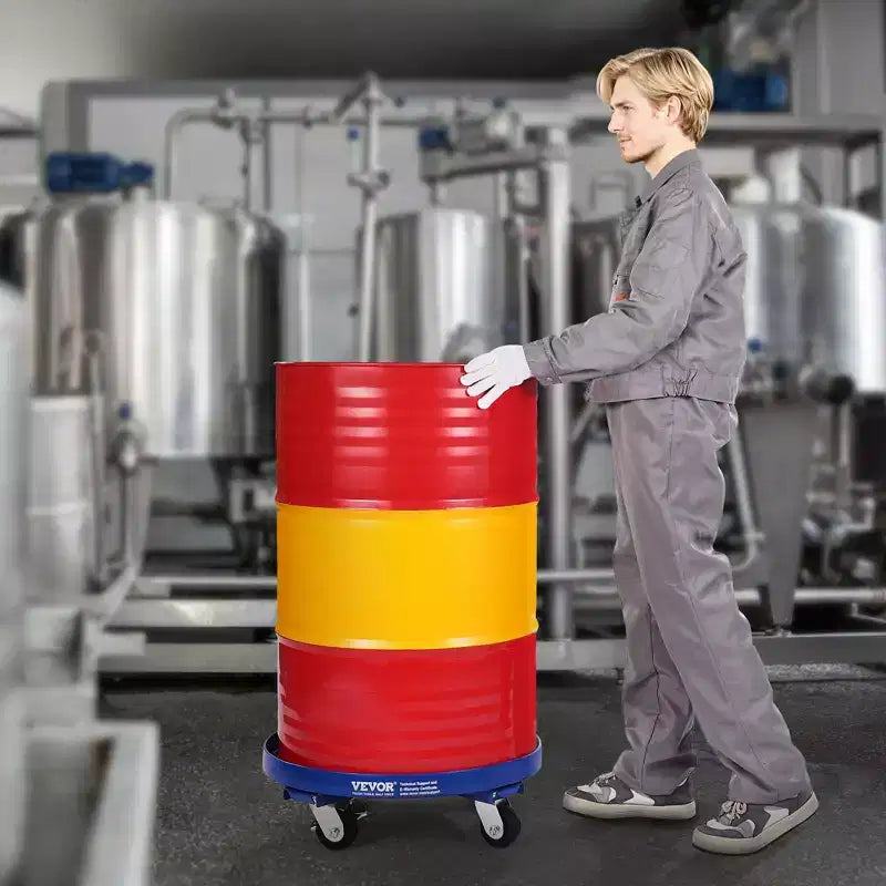 Carrello blu per fusti da 208 litri, capacità 907 kg, 4 ruote piroettanti, per un solo utente