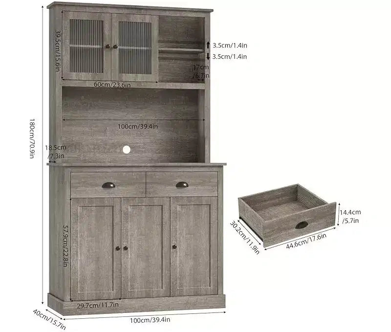 Mobile dispensa da cucina grigio, 5 ante a vetro, 2 cassetti e ripiano per microonde – Da terra, 1 persona