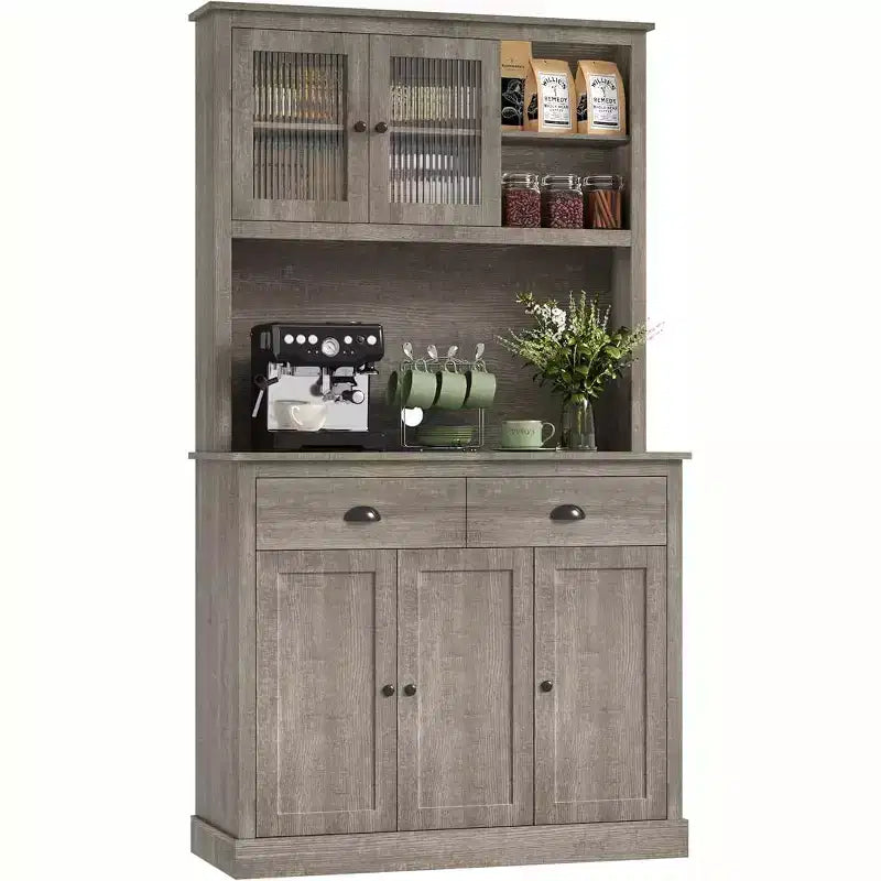 Mobile dispensa da cucina grigio, 5 ante a vetro, 2 cassetti e ripiano per microonde – Da terra, 1 persona