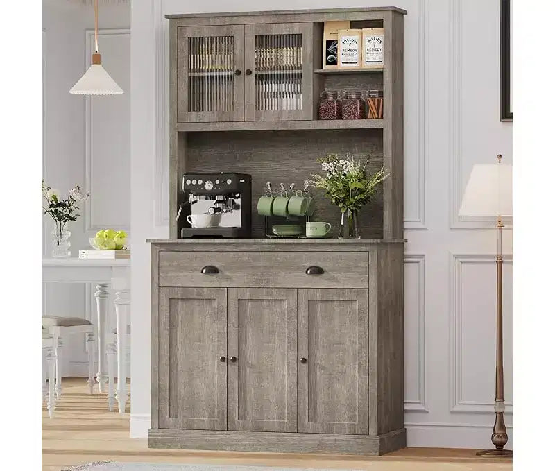 Mobile dispensa da cucina grigio, 5 ante a vetro, 2 cassetti e ripiano per microonde – Da terra, 1 persona