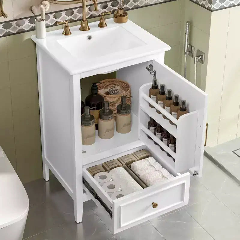 Mobile bagno freestanding da 20" nero/bianco con lavabo, armadietto a 1 anta, cassetto e ripiano