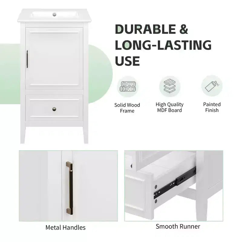Mobile bagno freestanding da 20" nero/bianco con lavabo, armadietto a 1 anta, cassetto e ripiano