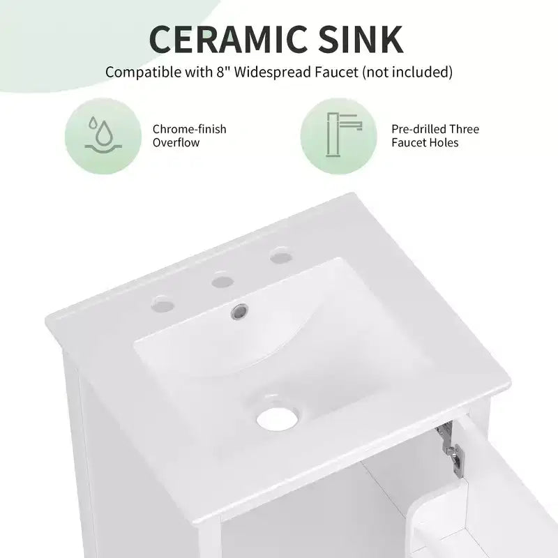 Mobile bagno freestanding da 20" nero/bianco con lavabo, armadietto a 1 anta, cassetto e ripiano