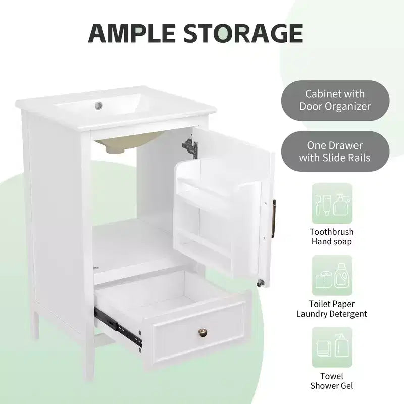 Mobile bagno freestanding da 20" nero/bianco con lavabo, armadietto a 1 anta, cassetto e ripiano