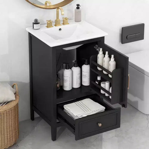 Mobile bagno freestanding da 20" nero/bianco con lavabo, armadietto a 1 anta, cassetto e ripiano