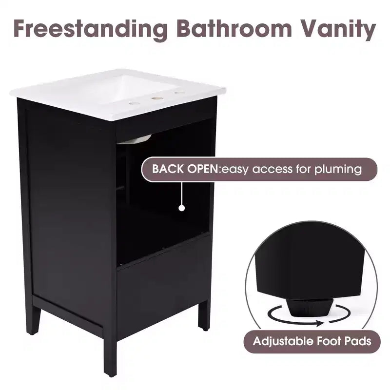 Mobile bagno freestanding da 20" nero/bianco con lavabo, armadietto a 1 anta, cassetto e ripiano