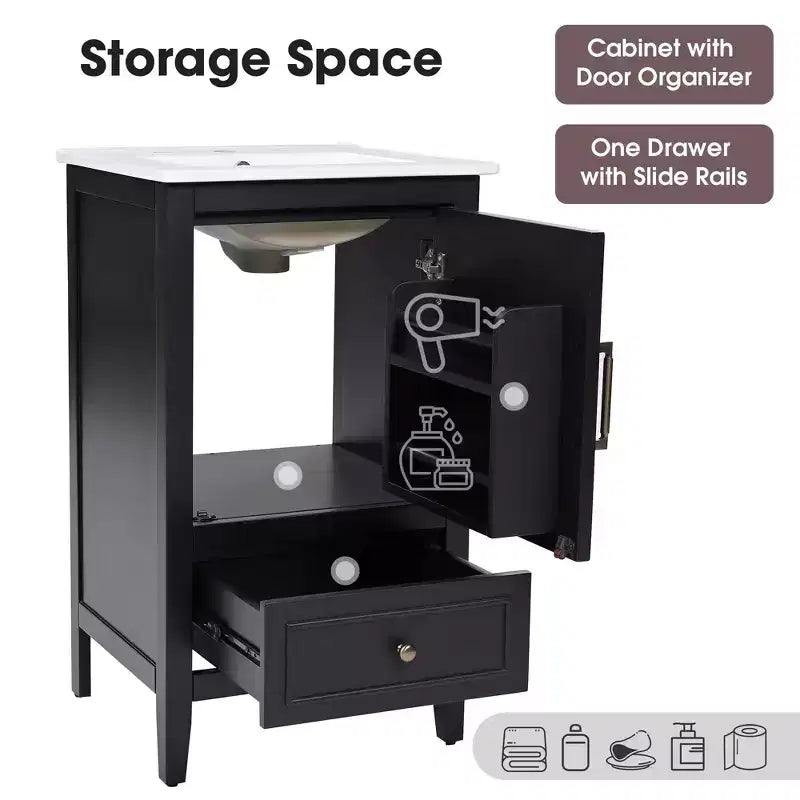 Mobile bagno freestanding da 20" nero/bianco con lavabo, armadietto a 1 anta, cassetto e ripiano