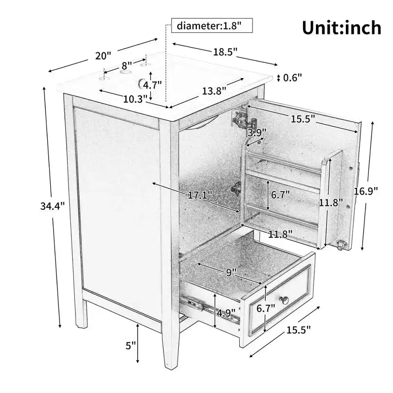 Mobile bagno freestanding da 20" nero/bianco con lavabo, armadietto a 1 anta, cassetto e ripiano