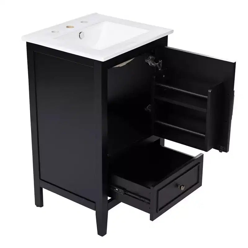 Mobile bagno freestanding da 20" nero/bianco con lavabo, armadietto a 1 anta, cassetto e ripiano