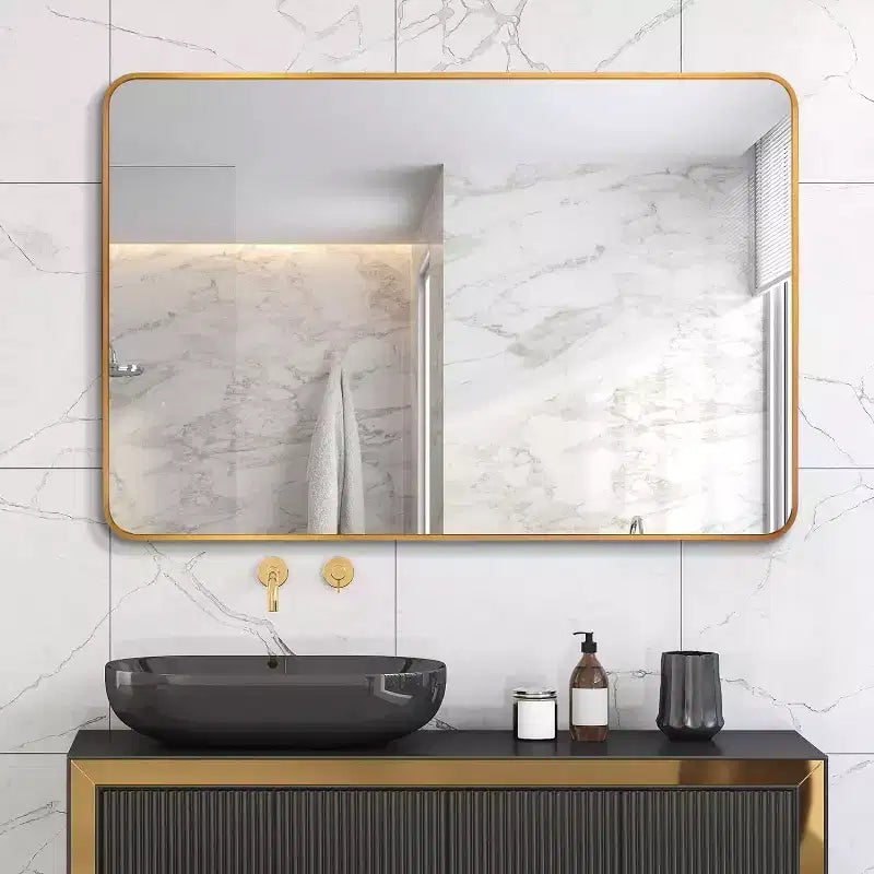 Specchio da bagno moderno rettangolare da parete 30x40" in nero/oro/argento – Singolo, con cornice in alluminio