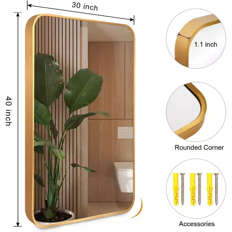 Specchio da bagno moderno rettangolare da parete 30x40" in nero/oro/argento – Singolo, con cornice in alluminio