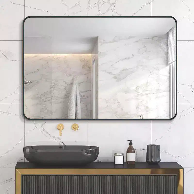 Specchio da bagno moderno rettangolare da parete 30x40" in nero/oro/argento – Singolo, con cornice in alluminio