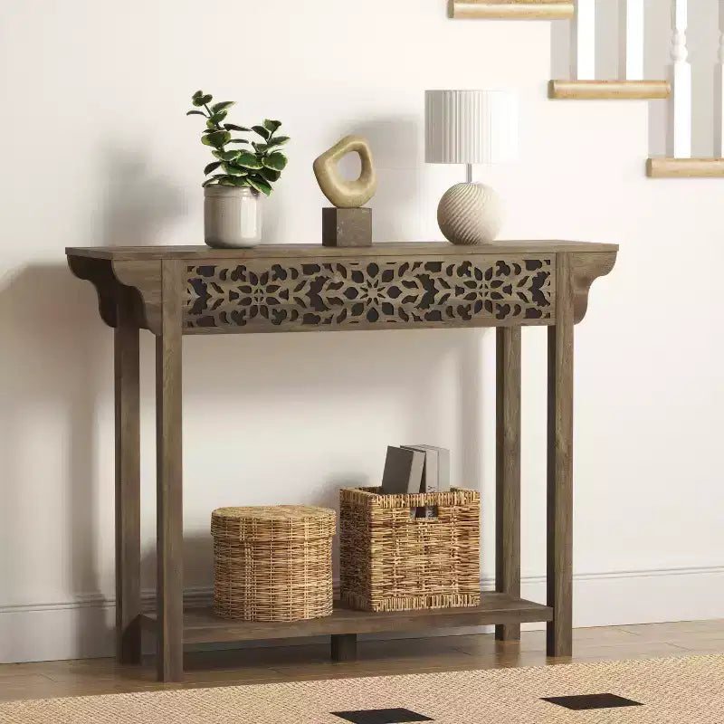 Consolle in legno intagliato con ripiano inferiore – Rovere Grigio polveroso / Rovere Nodi
