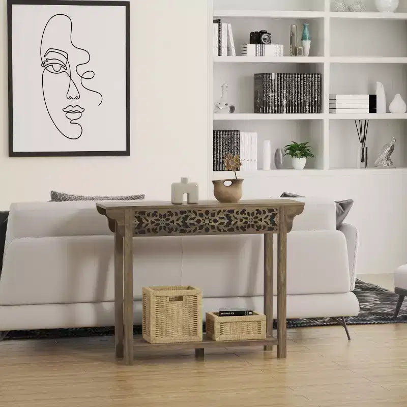 Consolle in legno intagliato con ripiano inferiore – Rovere Grigio polveroso / Rovere Nodi