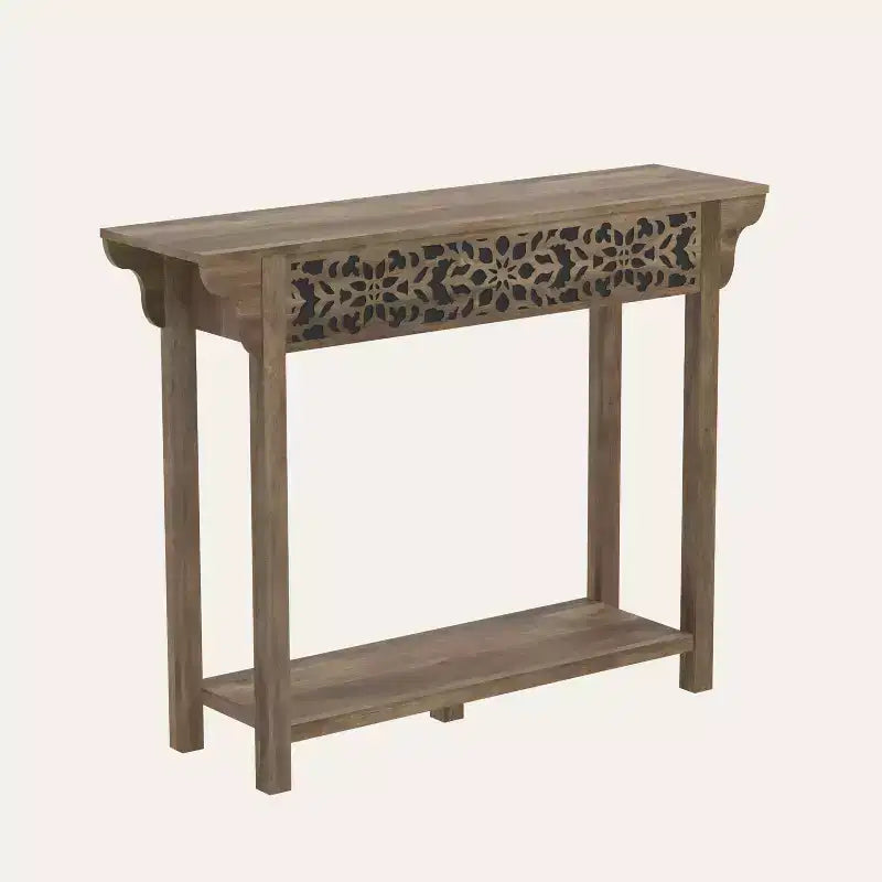 Consolle in legno intagliato con ripiano inferiore – Rovere Grigio polveroso / Rovere Nodi