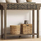 Consolle in legno intagliato con ripiano inferiore – Rovere Grigio polveroso / Rovere Nodi
