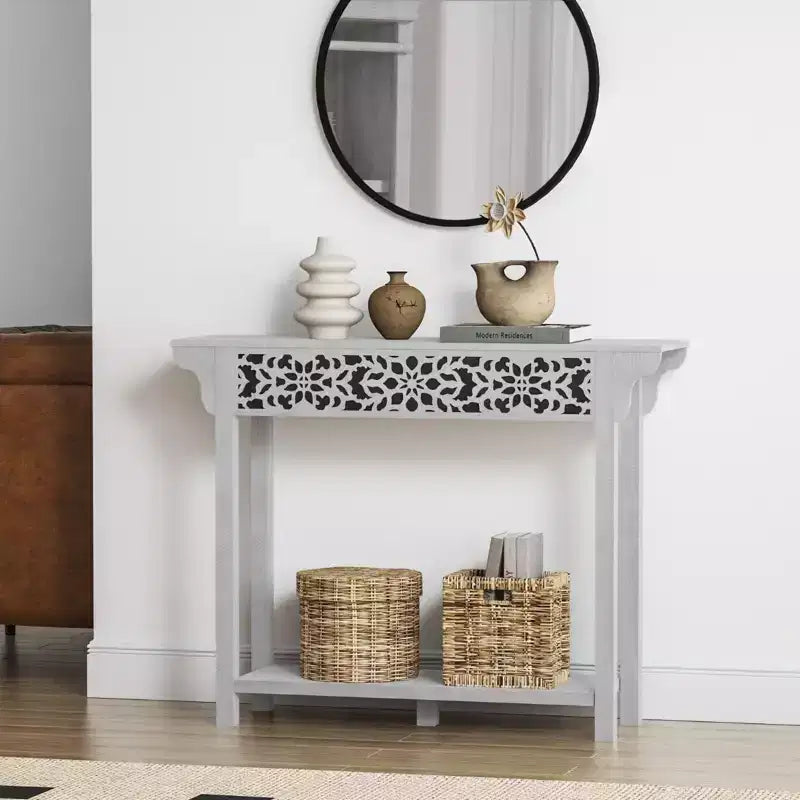 Consolle in legno intagliato con ripiano inferiore – Rovere Grigio polveroso / Rovere Nodi