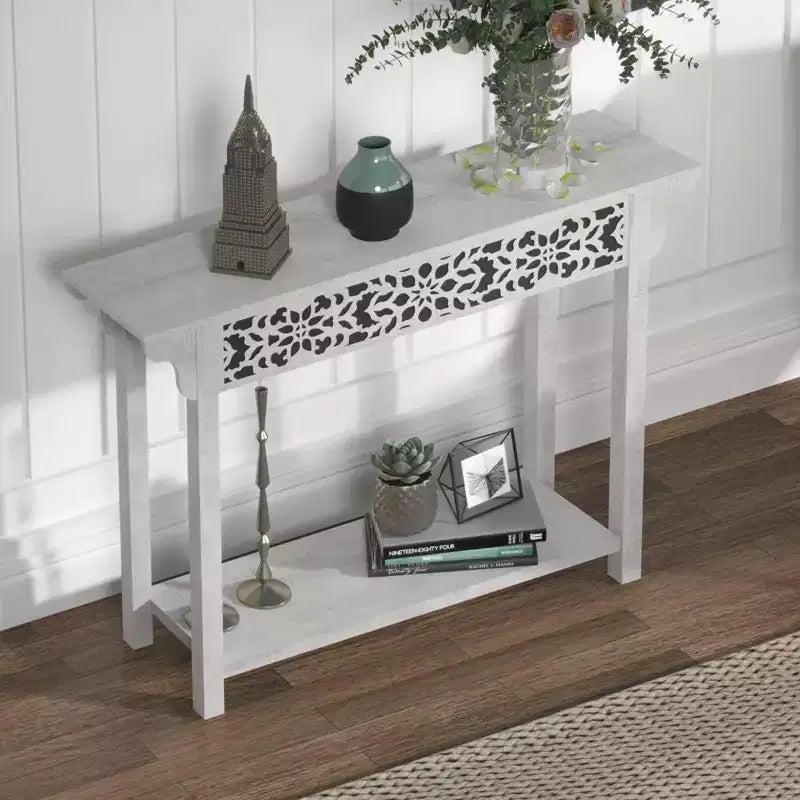 Consolle in legno intagliato con ripiano inferiore – Rovere Grigio polveroso / Rovere Nodi