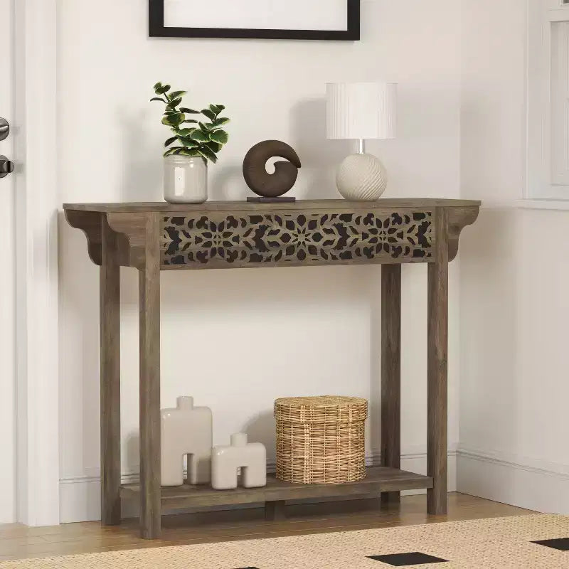 Consolle in legno intagliato con ripiano inferiore – Rovere Grigio polveroso / Rovere Nodi
