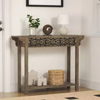 Consolle in legno intagliato con ripiano inferiore – Rovere Grigio polveroso / Rovere Nodi