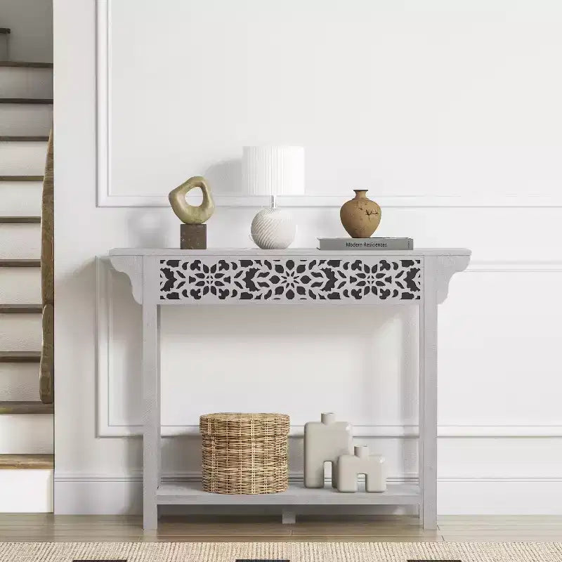 Galano Carved Wood Console Table with Bottom Shelf 43 W  12 D  33 H